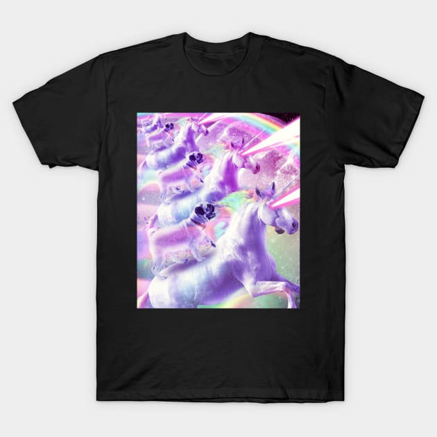 Space Pug On Flying Rainbow Unicorn With Laser Eyes T-Shirt by Random Galaxy